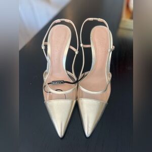 NEW, never worn Zara gold sling back pumps.